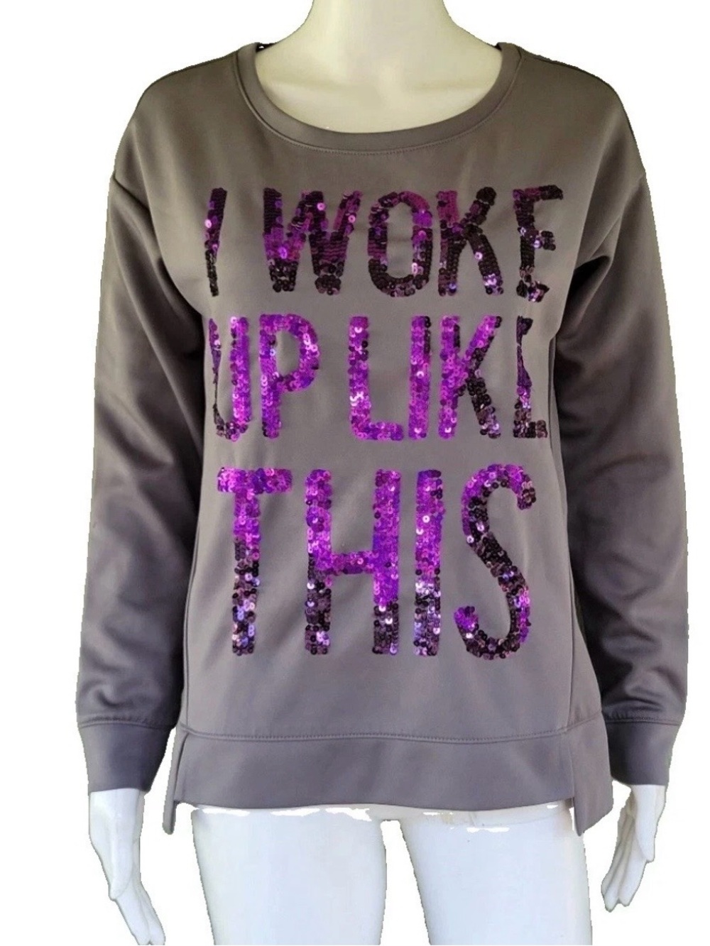 Juicy Couture I Woke Up Like This Purple Sequin Graphic Sweatshirt Medium Gray
